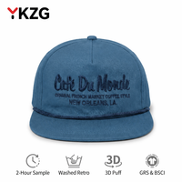 2-uurs sample custom logo gewassen bruine 5-panel touwhoed met 3D puff borduurwerk, premium kwaliteit, retro fashion, tropisch blad