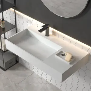 Pia de pedra para banheiro de pedra única, lavatório retangular pendurado na parede, tecido polido exclusivo