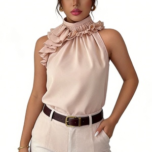 Women's Ruffled Halter Neck Satin Blouse - Sleeveless High Neck <b>Top</b> With Asymmetrical Ruffle Trim Shirt Fashion - Product Image 6