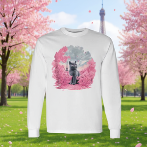 Simpatica maglietta a maniche lunghe con gatto e fiori di ciliegio a Parigi - Product Image 3
