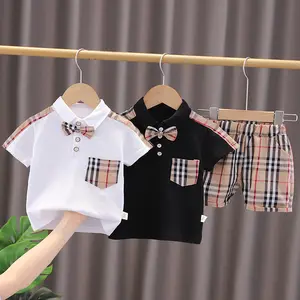 Luxury brand baby's Summer infant and toddler's Short Sleeve Suit for boys two-piece baby suit boy plaid set