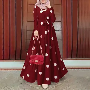 Oem Fabriek Outlet Polka Dot Print Abaya Moslim Jurken Vrouwen Onregelmatige Ruche Jurk Elegante Moslim Lange Jurk