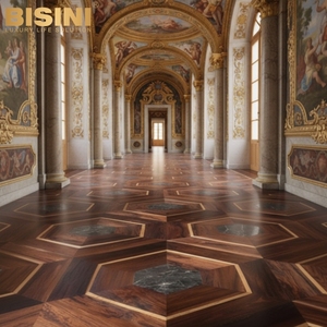 <span class=keywords><strong>Parquet</strong></span> en bois de style italien de luxe, artisanal, motif hexagonal en marbre foncé, bois de rose Santos, laiton, chambre à coucher, salon - Product Image 1