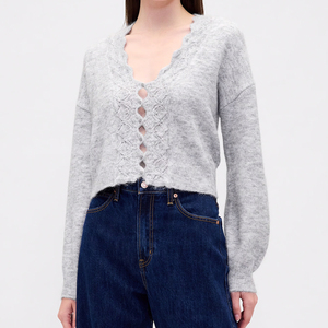 <span class=keywords><strong>Cardigan</strong></span> Corto da <span class=keywords><strong>Donna</strong></span> Wisrise Personalizzato all'Ingrosso, <span class=keywords><strong>Grigio</strong></span> Chiaro, Morbido, con Dettagli Traforati a Occhielli - Product Image 3