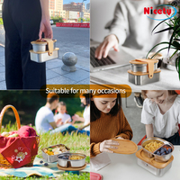 Boîte à lunch bento en acier inoxydable empilable à 3 compartiments avec couvercle en bambou