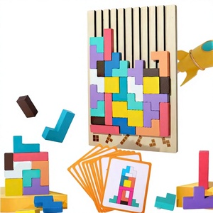 Gioco di Costruzioni in Legno <span class=keywords><strong>Tetris</strong></span> Montessori, Giocattolo Educativo per l'Apprendimento Precoce con Puzzle di Forme e Carte Guida per Bambini - Product Image 1