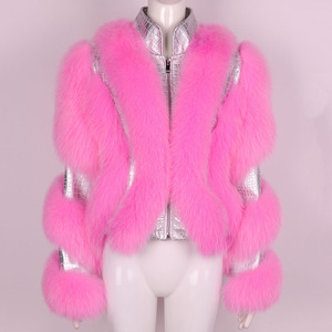 Designer Striped Fox Fur Decor Sheepskin Jacket <strong>Women</strong> Stand Collar Cropped Luxury Genuine Leather Autumn Coat - Product Image 1