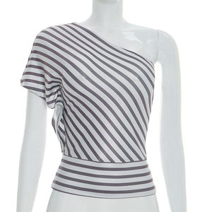 Viviblook J26TP083, Camiseta Casual de Verano para Mujer, Sexy, Asimétrica, con Rayas y Hombros Descubiertos, para Damas - Product Image 1