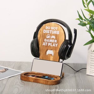 Support en bois pour casque, téléphone et montre – Présentoir de bureau en bois massif pour gamer – Étagère rétro avec clip de fixation couleur unie - Product Image 4