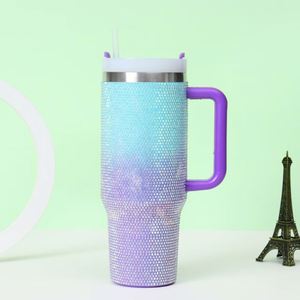 Mug isotherme de voyage 40 oz en acier inoxydable double paroi avec poignée, couleur dégradée, incrusté de perles et de diamants - Product Image 3