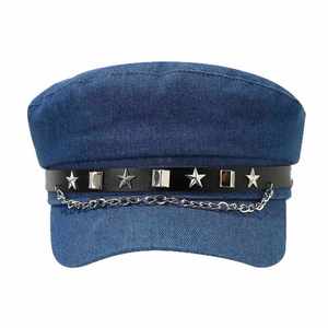 Gorra de Boina Plana de Mezclilla Estilo Vintage Japonés para Mujer con Cadena y Remaches, Gorra Casual de Capitán para Mujer y Niña para Exteriores - Product Image 5