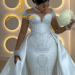 S0323Y 2026 Abito <span class=keywords><strong>da</strong></span> Sposa Vintage di Lusso a Collo Alto, Lunghezza al Pavimento, Stile Sirena/Tromba, con Allacciatura Posteriore e Perline, <span class=keywords><strong>Taglie</strong></span> <span class=keywords><strong>Forti</strong></span> - Product Image 1