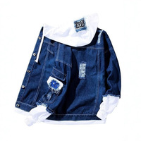 Nouvelle veste en jean streetwear tendance pour homme, décontractée, ample, à capuche, déchirée, effet patchwork, faux deux pièces