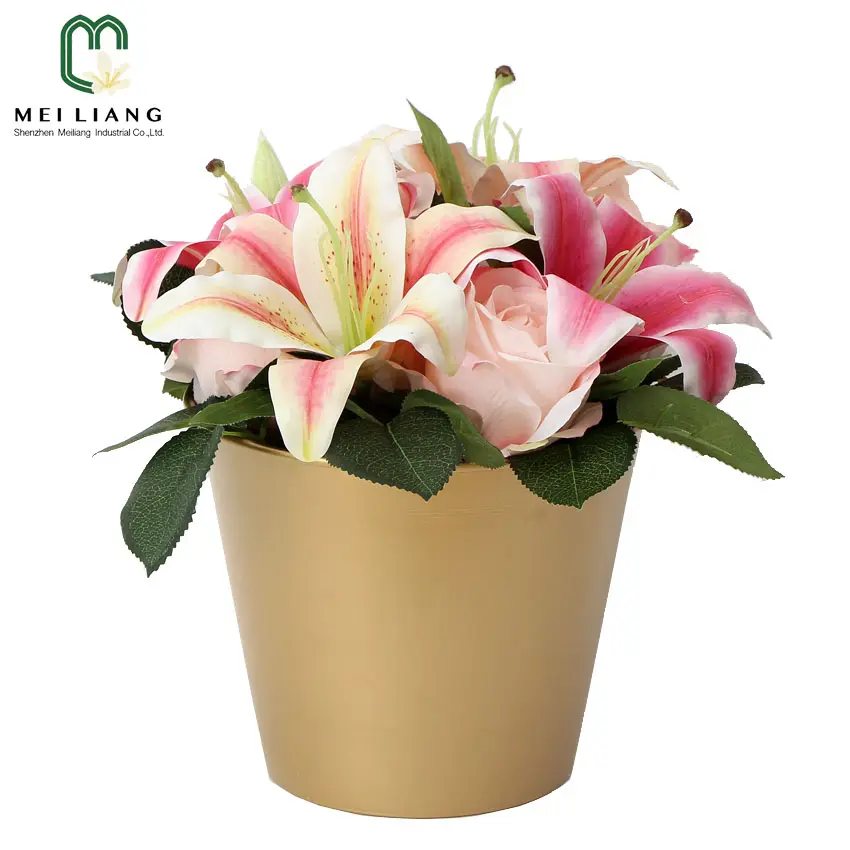 Свадебный букет, оптовая продажа, настоящие на ощупь растения, искусственные розовые Калла, лилия, розовые цветы в золотой металлической вазе