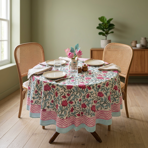 Hot Sale Hand Block Printed Round Cotton Linen <b>Table</b> <b>Cover</b> 45inch Floral Pink White Pastoral Style Washable Home Use - Product Image 2