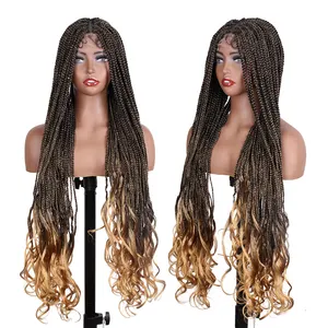 French Curls Box Braid Wigs Synthetic Full Lace Front Embroidery Square Part Knotless Braided Wig With Baby Hair For Black Women