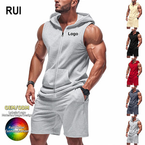 Conjunto de 2 Piezas de Verano para Hombre RUIQUWIN con Logotipo Personalizado, Chaleco con Capucha sin Mangas, Pantalones Cortos Holgados con Cordón, Transpirables, Ecológicos y Ligeros - Product Image 1