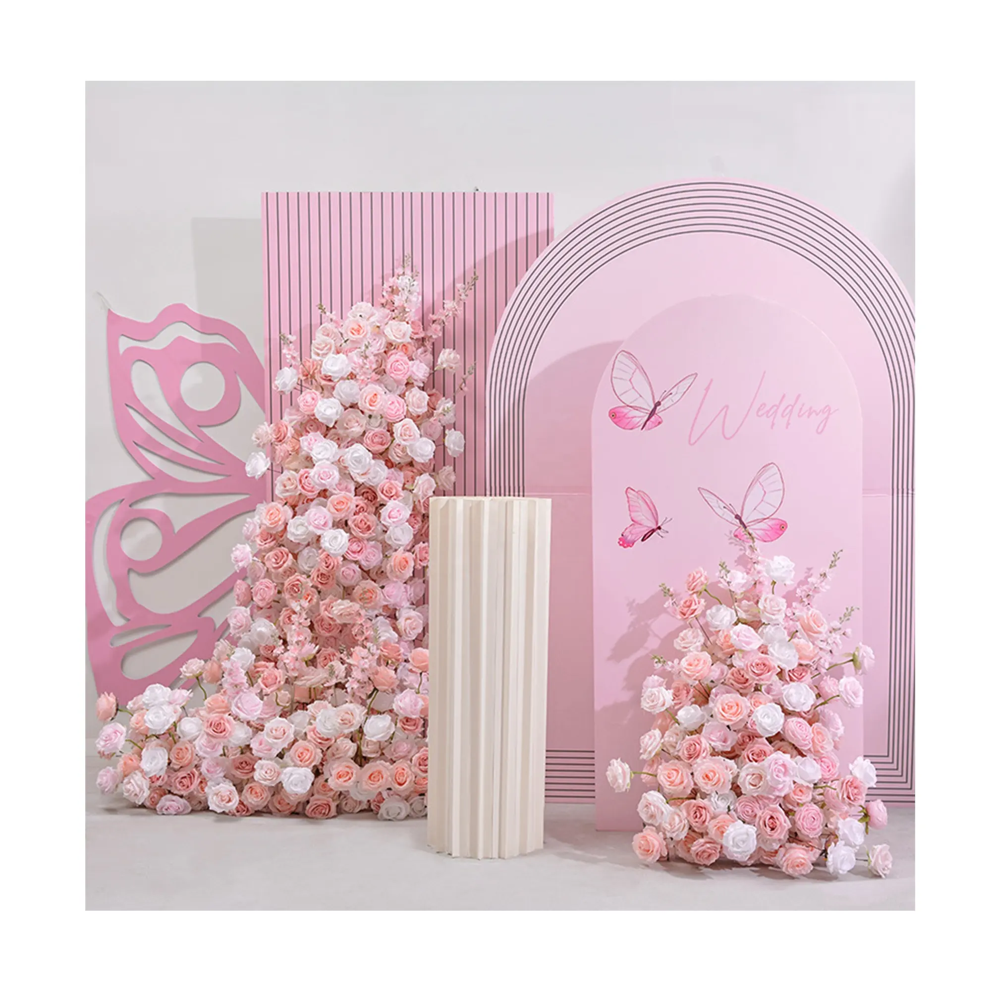 5D Décor De Mariage Faux Lumière Rose Chaud Artificielle Blanc Rose Floral Fleurs Piliers Arc Pour Toile De Fond De Mariage Arc KT Conseil Décor