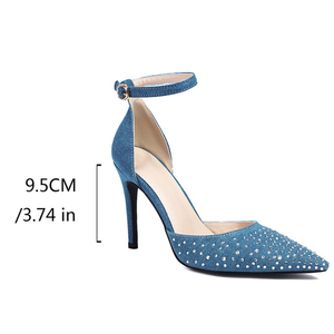 Escarpins en jean à talons aiguilles pour femme, grande taille 48, à bout pointu, avec lanières de cheville, ornés de strass brillants, pour l'été, coupe large - Product Image 6