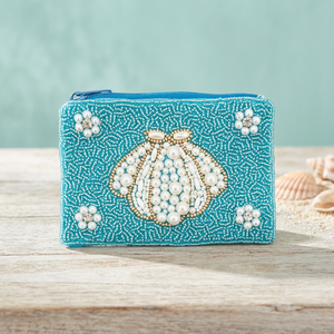 Handmade Beaded <b>Coin</b> Purse Embroidered Zipper Pouch Square Fashion Blue Shell Pattern Daily Use - Product Image 1