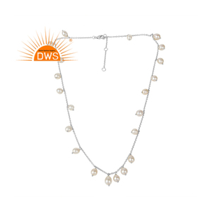 Collar de plata de ley 925 con gema de perla blanca, collar hecho a mano con rodio plateado - Product Image 1
