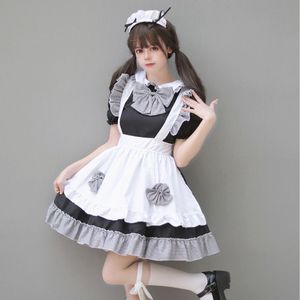 Maid Costume Dress Black White Checkered Bow Adult Women Anime Cosplay Outfit 4 Piece Set - Product Image 1