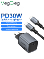 Kit de charge rapide VegGieg PD 30W, chargeur mural USB-C avec prise EU, câble Type C vers Type C, protection thermique, ensemble de chargeurs sécurisés