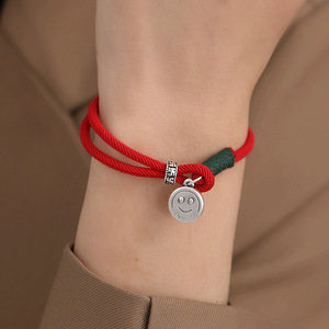 Red <b>Rope</b> Smiley Face <b>Bracelet</b> 999 Pure Silver Handmade Braided Unisex Gift Jewelry - Product Image 4