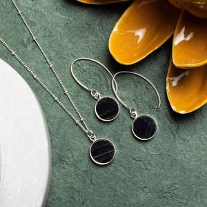 Black Obsidian Jewelry Set Sterling Silver Circle Pendant Necklace Matching Dangle <b>Earrings</b> Gift For Women - Product Image 1