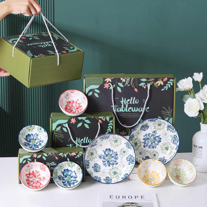 4.5inch Bohemian Ceramic Bowls with Plates Chopsticks Set Moroccan Porcelain Bowl Set Rice Bowl for Gift OEM LOGO