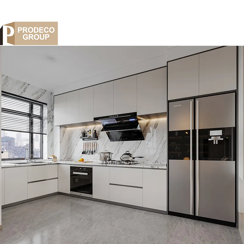 Prodeco giá rẻ màu đen và trắng tủ bếp hoàn chỉnh bộ đồ nội thất bằng thép không gỉ thiết lập cho hộ gia đình