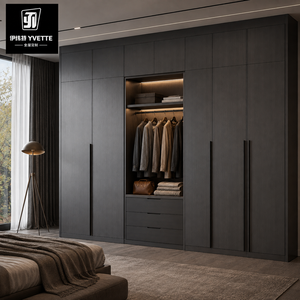 Armoire de chambre à coucher moderne en bois sur mesure pour appartement et hôtel, avec tiroirs et étagères de rangement du sol au plafond - Product Image 3