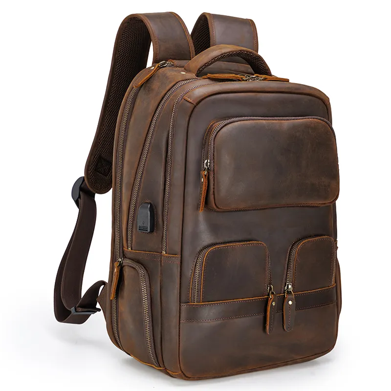 Benutzer definierte LOGO Vintage Pure Cowhide Laptop Rucksack Tasche mit USB-Ladeans chluss Männer Vollkorn echte Kuh Echt leder Rucksack