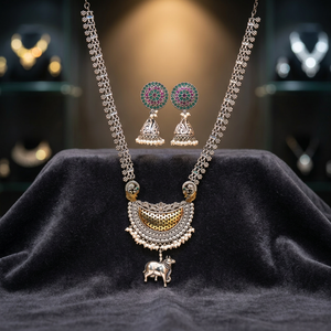 Allure of Designer Brass Oxidised Long Necklace Set with Link Chain Imitation Pearl Pendant Necklaces and Two Tone Plating - Product Image 3