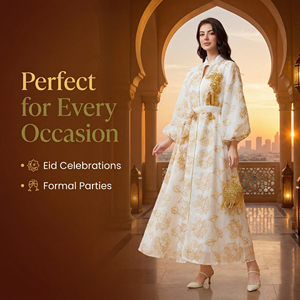 Vestido islámico color crema con mangas abullonadas, frente con cuentas y lazo en la cintura - Product Image 5