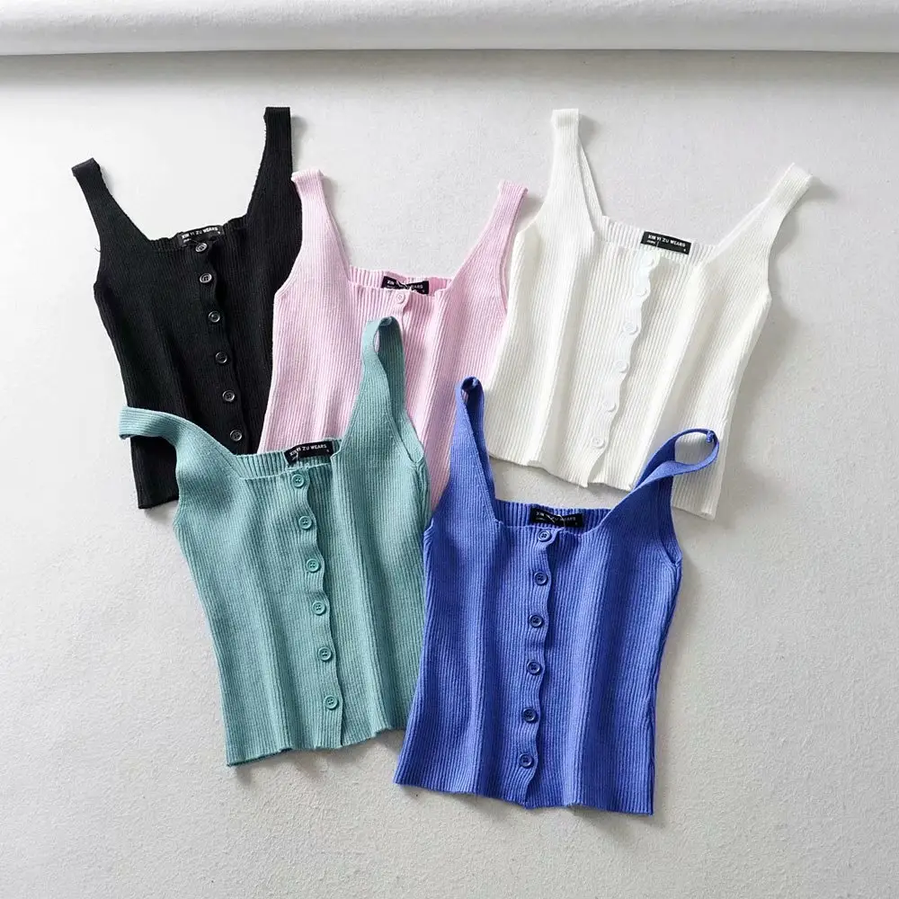 R40185S 2019 Effen kleur gebreide vest vrouwen kraag slanke korte sectie navel outer wear mouwloze sling top