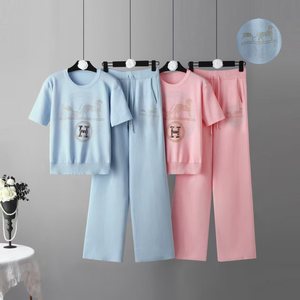 Conjunto Casual de Punto de Seda Helada 2026 para <span class=keywords><strong>Mujer</strong></span>, <span class=keywords><strong>Verano</strong></span>, Manga Corta, <span class=keywords><strong>Pantalones</strong></span> Anchos Drapeados, Ajuste Holgado, Antiarrugas, Patrón Geométrico/3D - Product Image 4