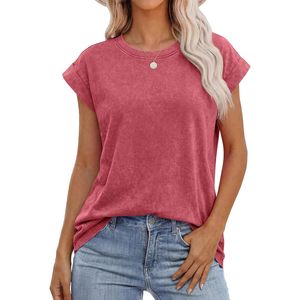 Camiseta de Mujer FOXA con Efecto Desgastado, Manga Corta, Cuello Redondo, Estilo Vintage, Informal, Básica de Verano, 100% Algodón, Transpirable - Product Image 1