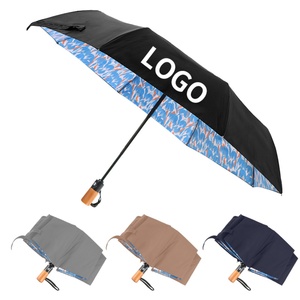 Large <b>Windproof</b> Modern Straight 3-Folding <b>Umbrella</b> Cover Bag Semi-Automatic Wood Handle Customizable Business Gifts Black - Product Image 2