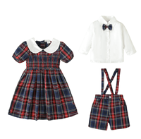 Vêtements d'été pour enfants-Ensemble formel avec nœud papillon-Chemise à carreaux-Ensemble short à bretelles-Vêtements pour bébés garçons-Tenues pour frères et soeurs