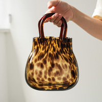 Vase en verre ambré effet écaille de tortue, double poignée, forme sac à main imprimé léopard, vase à fleurs, décoration de table vintage de luxe léger