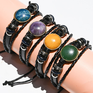 Pulsera tejida <span class=keywords><strong>de</strong></span> cuero <span class=keywords><strong>de</strong></span> vaca con cristales naturales, ojo <span class=keywords><strong>de</strong></span> tigre, amatista, <span class=keywords><strong>jade</strong></span>, venta al por mayor <span class=keywords><strong>de</strong></span> joyería. - Product Image 1