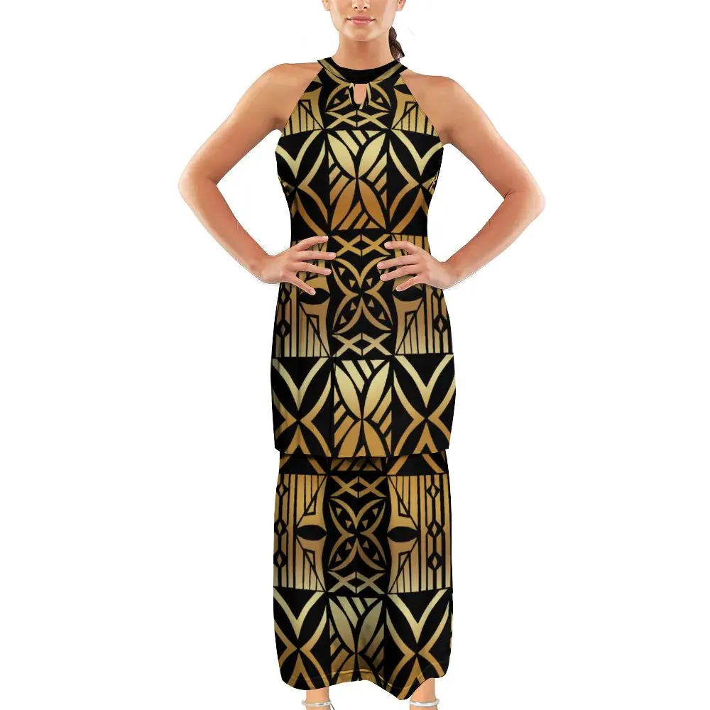 Golden Polynesian Tribal Tapa Floral Pattern Print Samoa Puletasi Ptaha Set Dress Halter Hollow Out 2 Piece Outfits Sets Dress