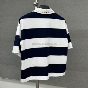 Polo de rugby unisexe à col, T-shirt de football épais, T-shirts tricotés oversize, T-shirts en coton rayés, Polos courts et amples pour hommes - Product Image 3