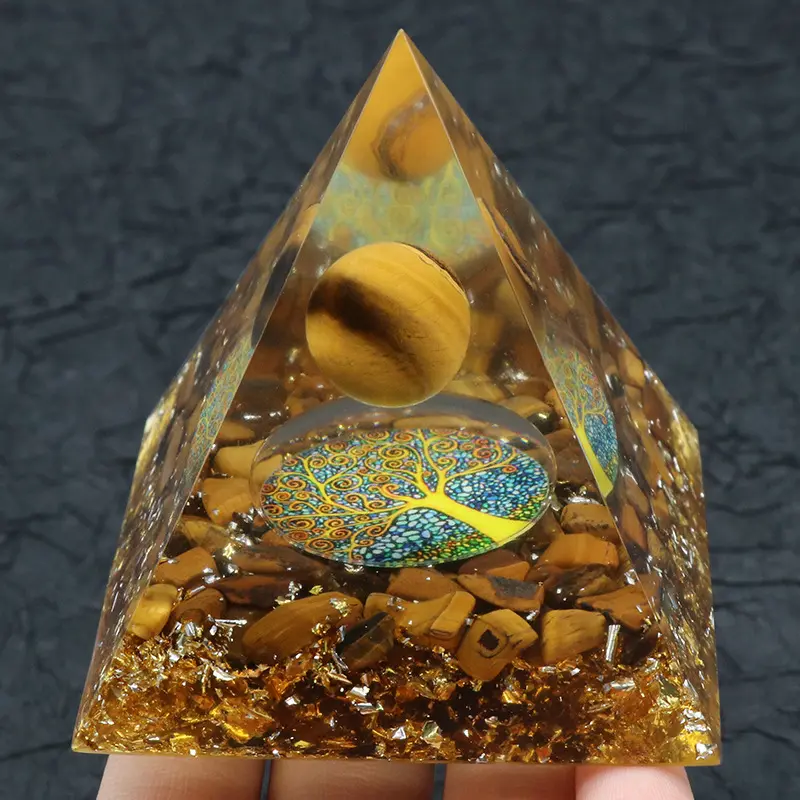 Natuurlijke Kristallen Bol Piramide Ornament Handgemaakte Tiger Eye Sphere Orgonite Piramide Healing Orgonite Energie Voor Thuis Office Decor