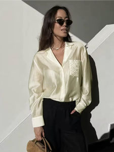 Camicia da Donna a Maniche Lunghe con Bottoni, Elegante Tinta Unita, Blusa Casual con Dettaglio Tasca Ricamata - Product Image 4