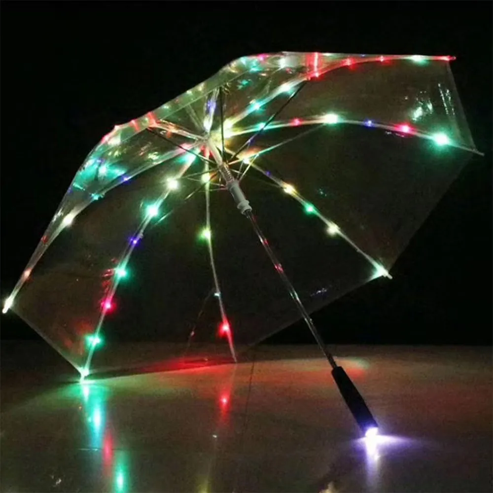 Parapluies transparents lumineux de 2 pouces avec lampe de poche, ouverture manuelle, côté noir
