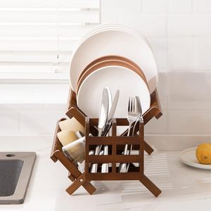Wooden Dish <b>Rack</b> Foldable <b>Plate</b> Bowl Drainer With Chopstick Holder And Cup Storage For Kitchen Countertop Use - Product Image 2