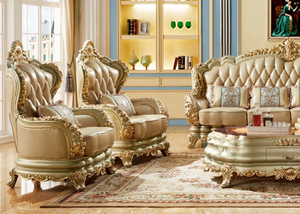 European Style Leather Sectional <b>Sofa</b> Set Solid <b>Wood</b> Carved <b>Frame</b> Home Furniture Living Room Apartment Comfortable - Product Image 4