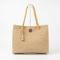 Sac cabas en paille avec poignées en perles de bois et pompon, couleur unie, fermeture éclair, style bohème, sac de plage d'été